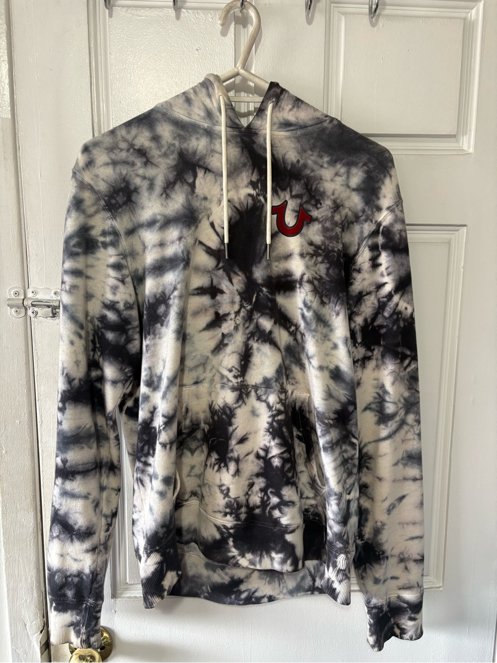 True Religion Tie-Dye Pullover Hoodie in Black and White with Red Logo